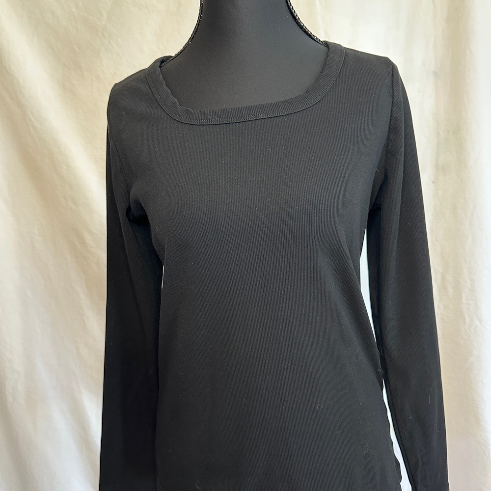 Classic Black Long Sleeve Top, Scoop Neck, Ribbed Fabric